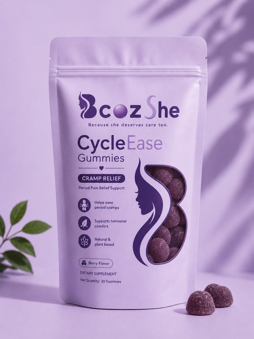 BcozShe CycleEase Gummies product pack for women’s cycle wellness